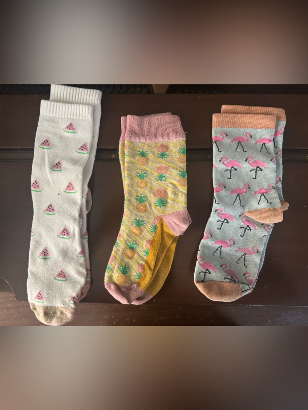 Casual Men’s Crew Sock Trio — Pink, Yellow & White Tropical Prints
